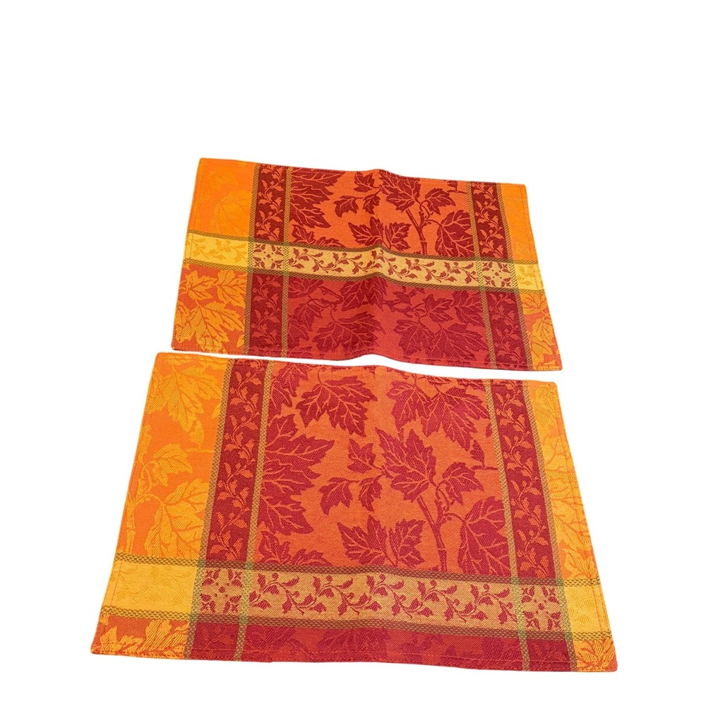Bardwil Linens Montvale Placemats Set of 2 Fall Autumn Leaf Gold Red 13x19 NEW